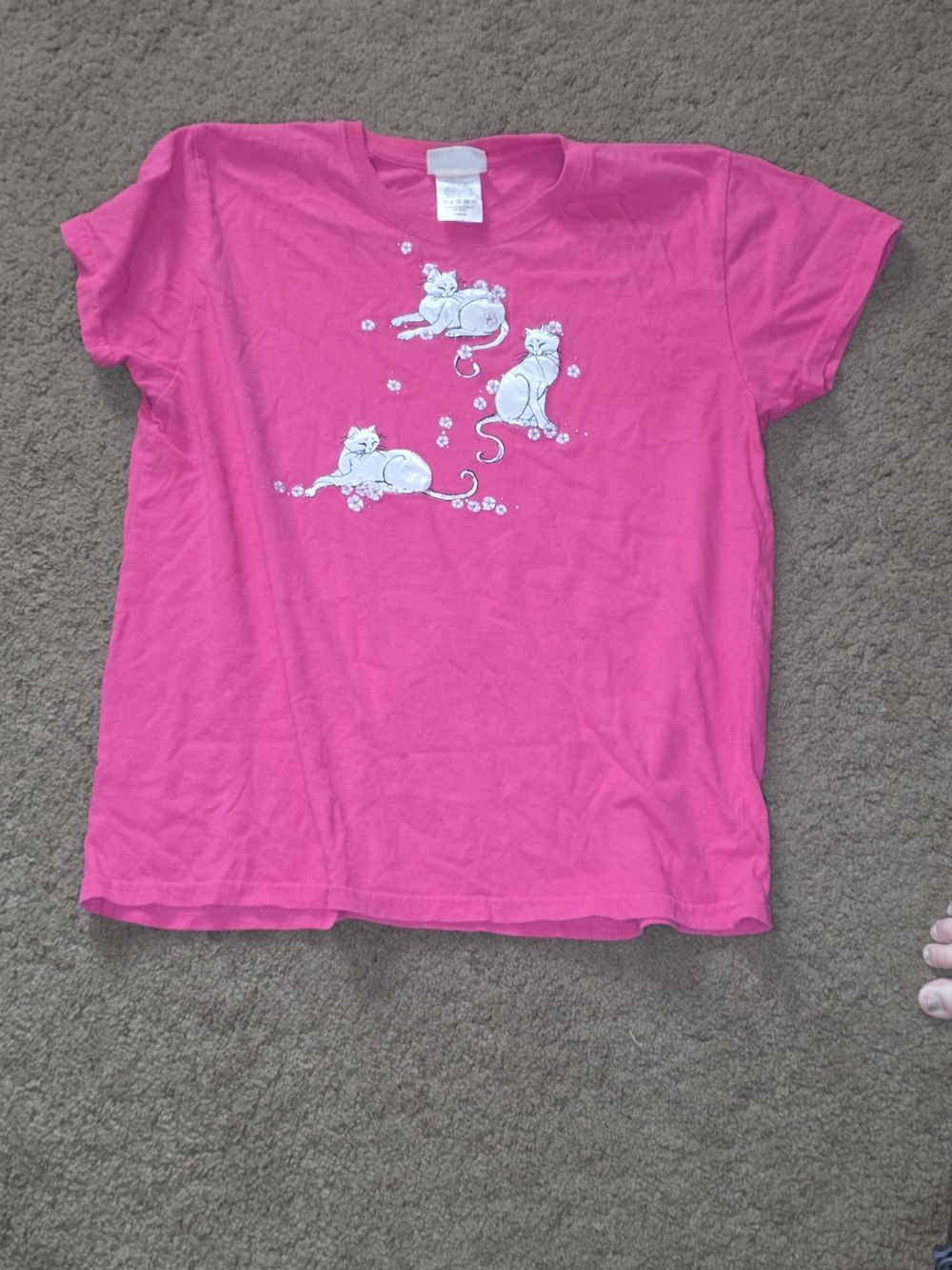 Girls' Bright Pink Short Sleeve Tee with White Cat Graphic